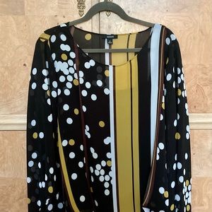 Alfani Black White Mustard Mixed Polka Dot & Stripe Blouse